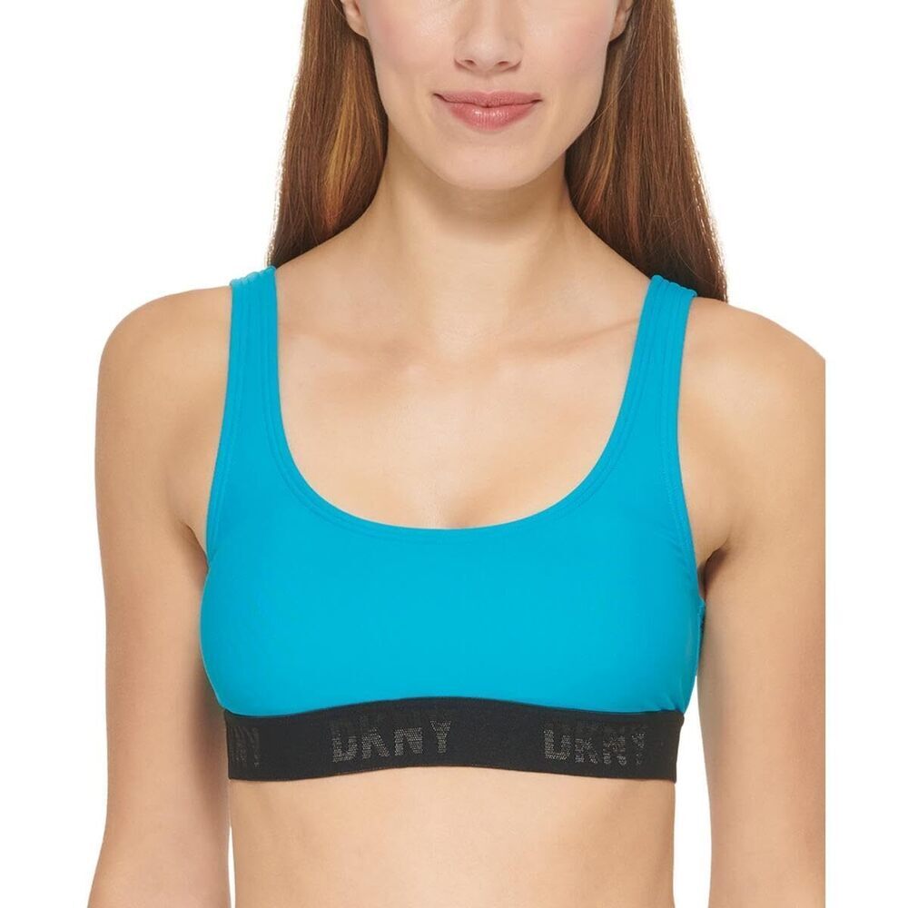 DKNY Womens Scoop Neck Logo Bikini Swim top Blue L
